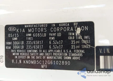 2016 Kia Sedona Lx из США, поврежденный, VIN KNDMB5C12G6102890